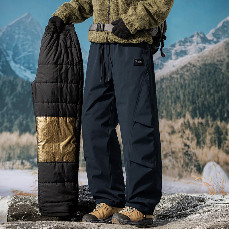 Black insulated work pants with elastic waistband, cargo pockets, and straight legs