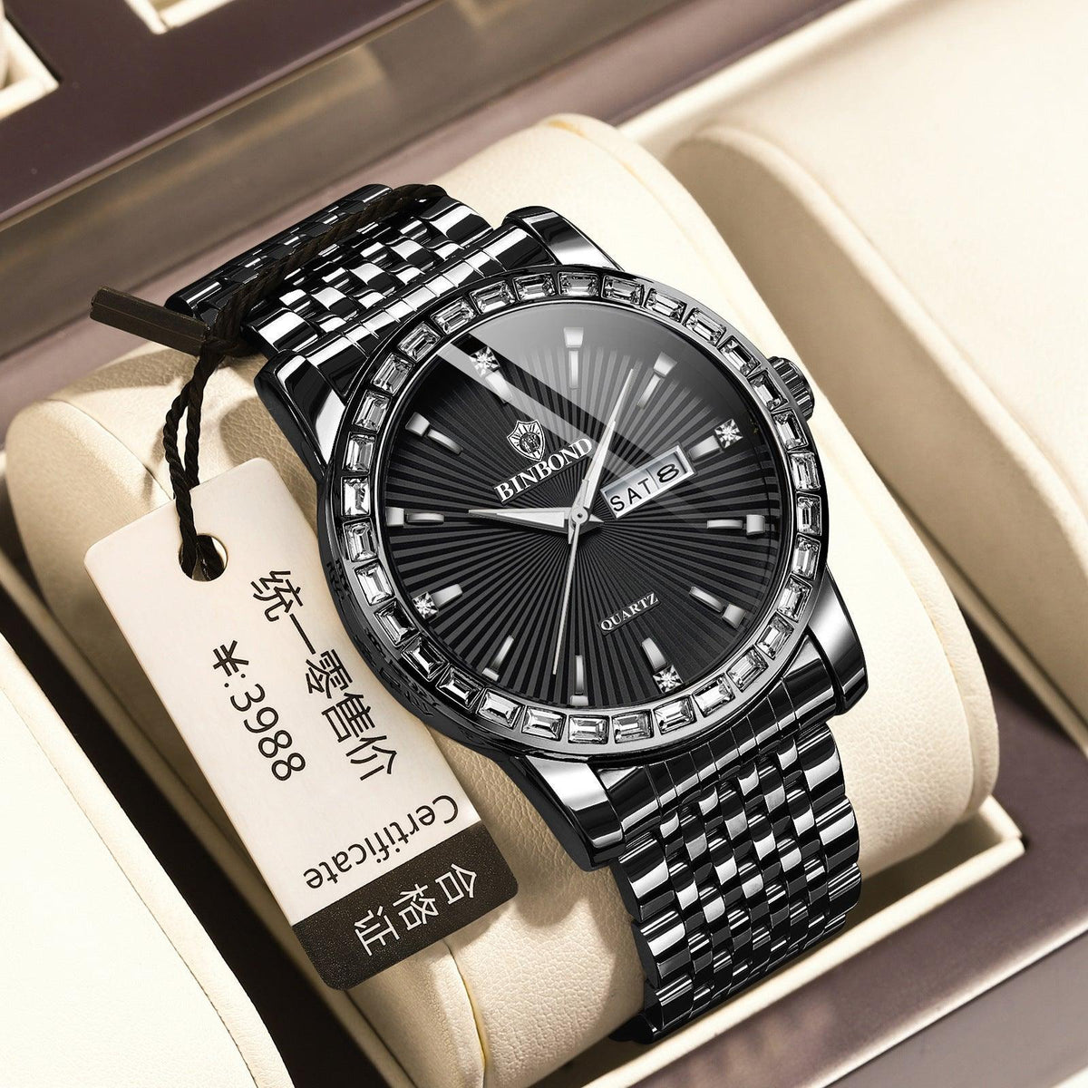 Mens wristwatch with black dial, silver bezel, and black-silver link bracelet.