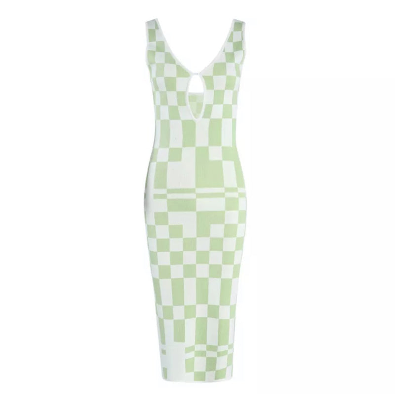 Women's V-neck Sleeveless Vest Plaid Knitted Dress - WOMONA.COM