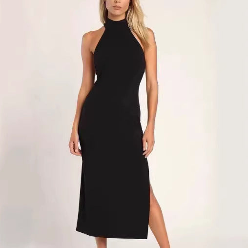 Black halter-neck bodycon midi dress with thigh-high side slit