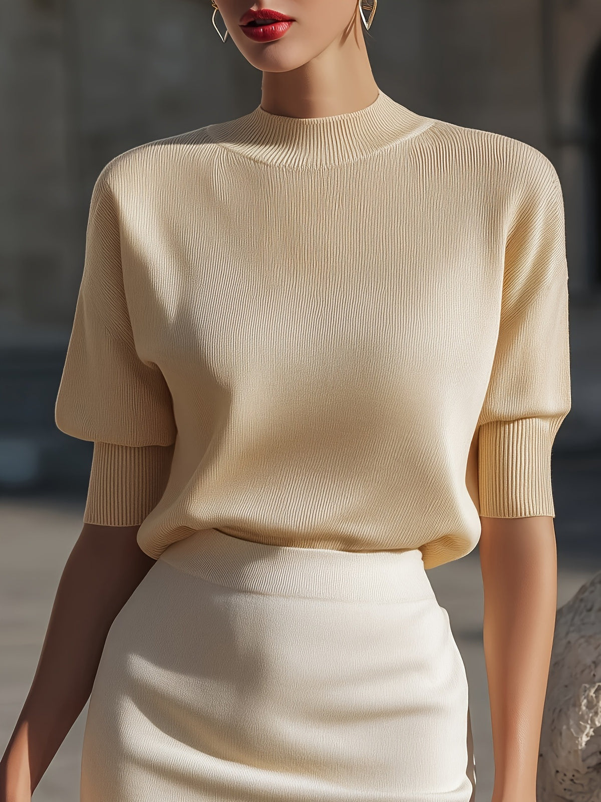 Women’s apricot slim-fit knit top with ribbed mock neck and short sleeves