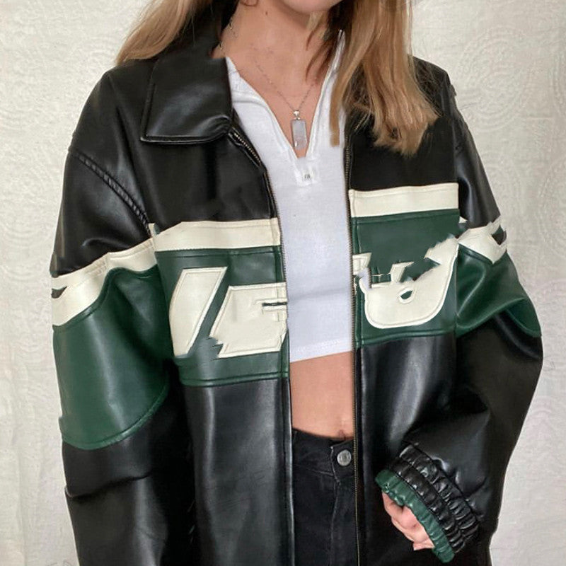 Women's Color-Block Letter Faux-Leather Jacket, Black - product view 1