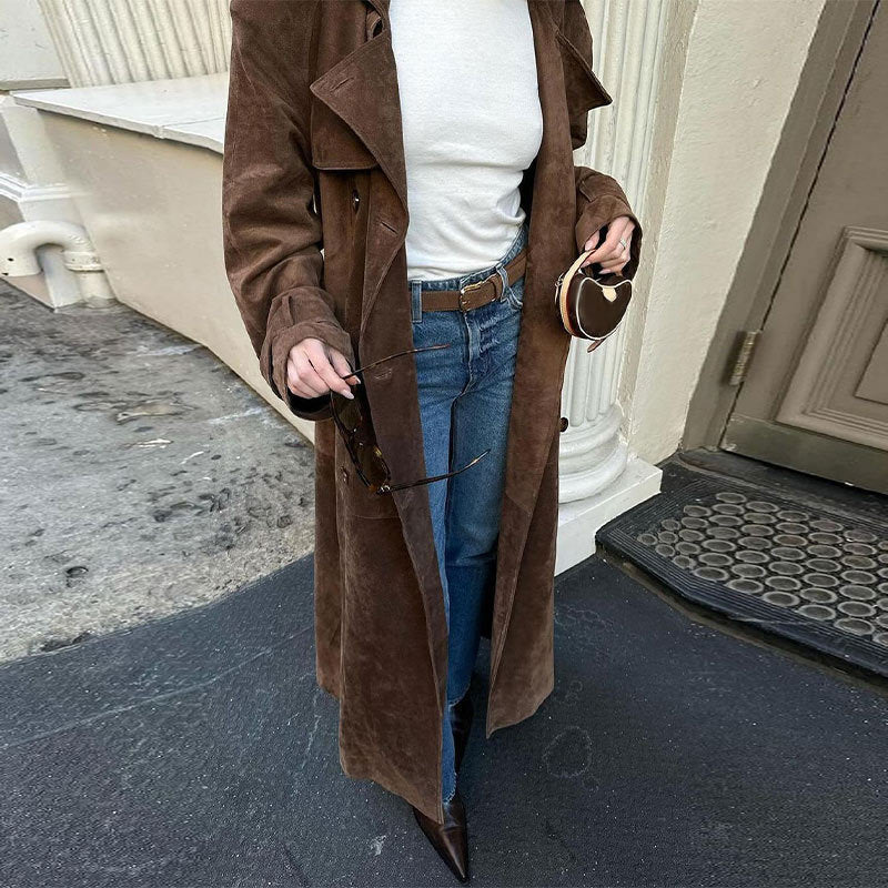 Women's dark brown long belted double-breasted trench coat