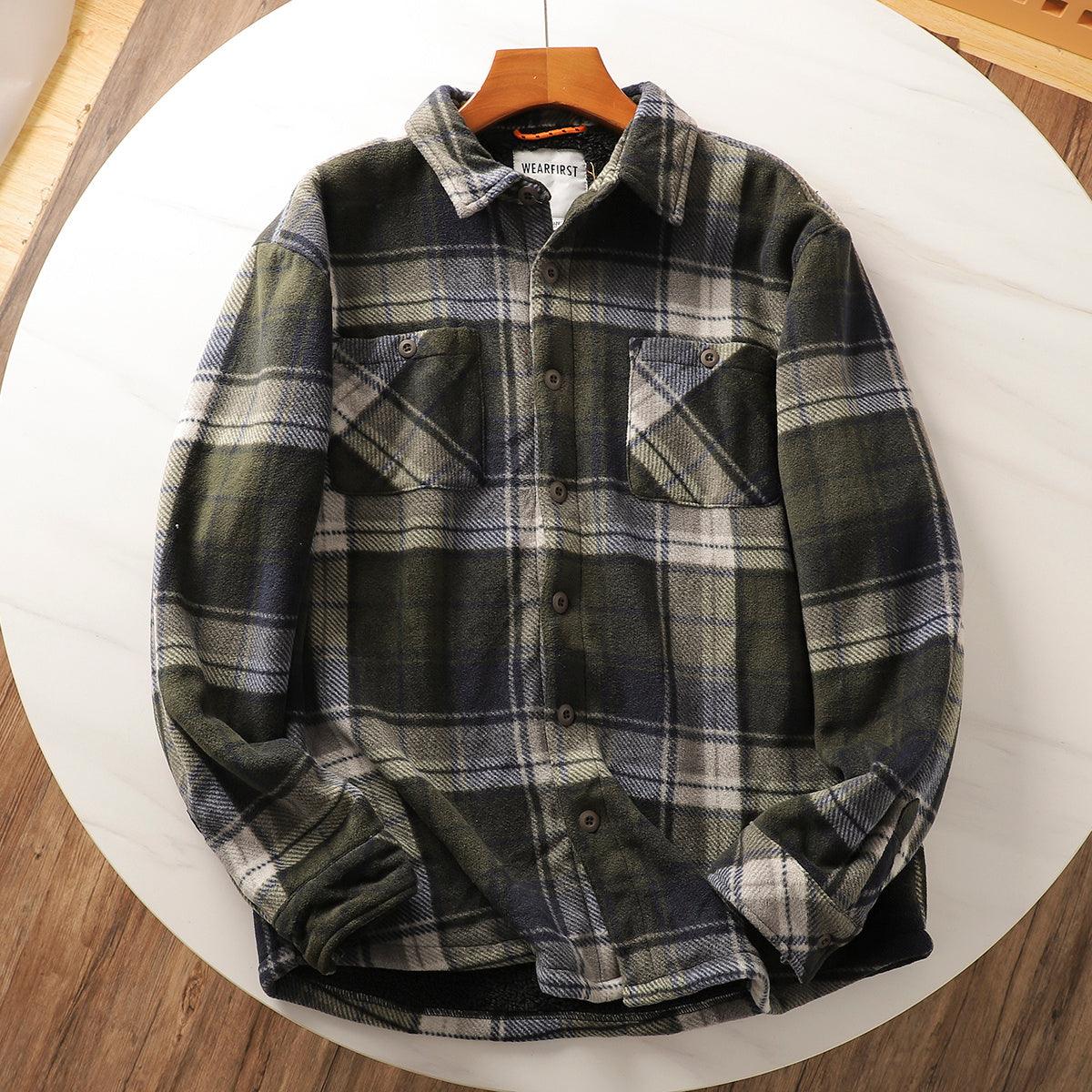 Dark plaid cotton-padded coat on hanger with button-front, two chest flap pockets
