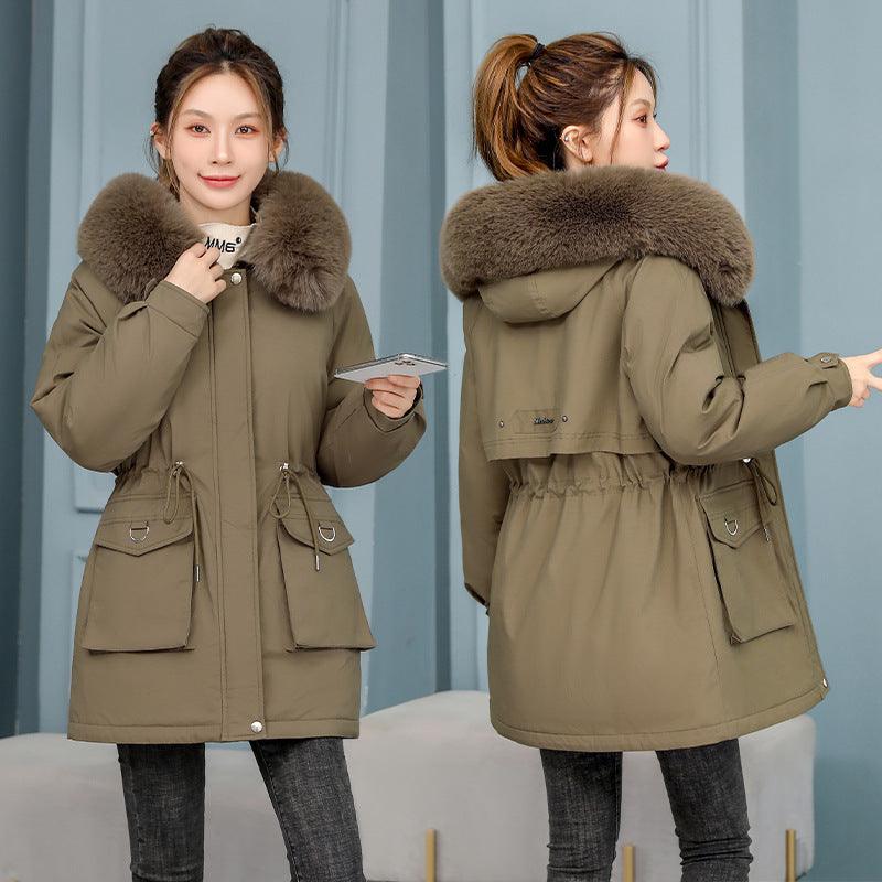 Women's Waist-Defined Padded Parka with Faux Fur Collar