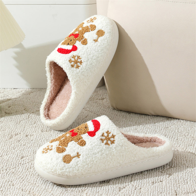 Pantuflas de jengibre con copos de nieve navideños para mujer, pantuflas de invierno antideslizantes para interiores, para dormitorio, pantuflas de casa peludas