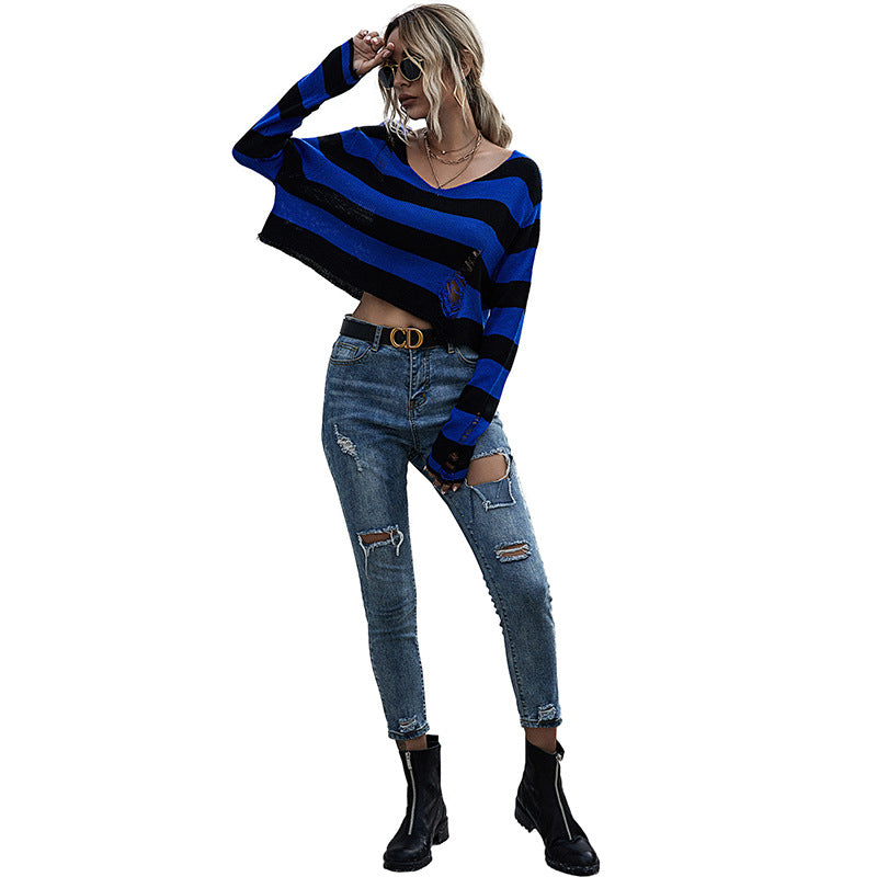 New Big V-neck Striped Sweater - WOMONA.COM