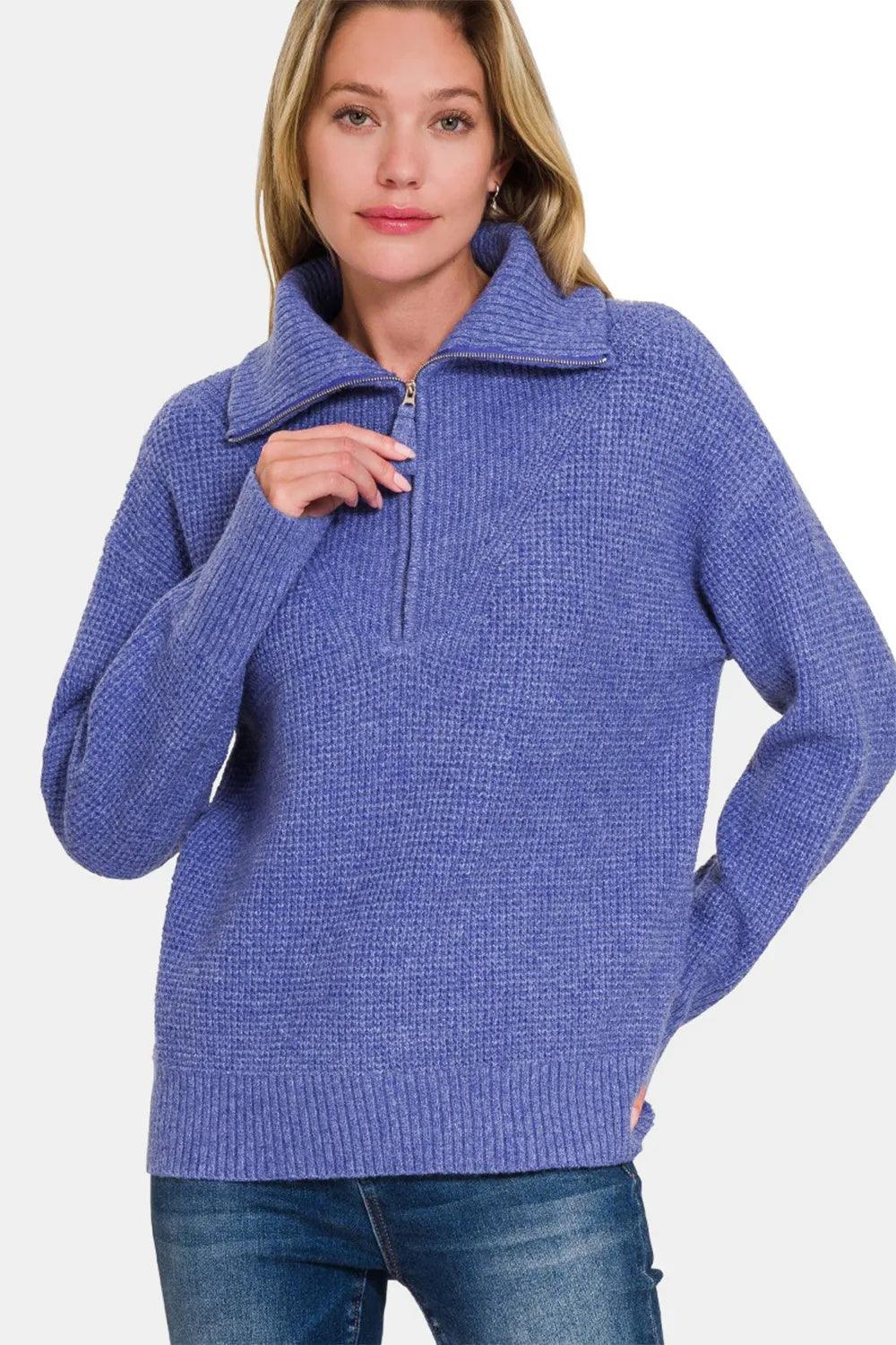 Zenana Half Zip Long Sleeve Sweater - WOMONA.COM