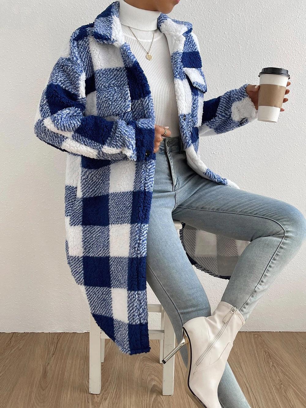 Plush blue-and-white plaid coat with lapel and button front, fuzzy texture.
