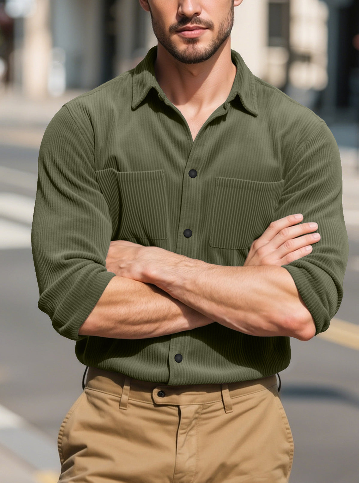 Men's Slim-Fit Corduroy Button-Up Shirt, Army Green - product view 5