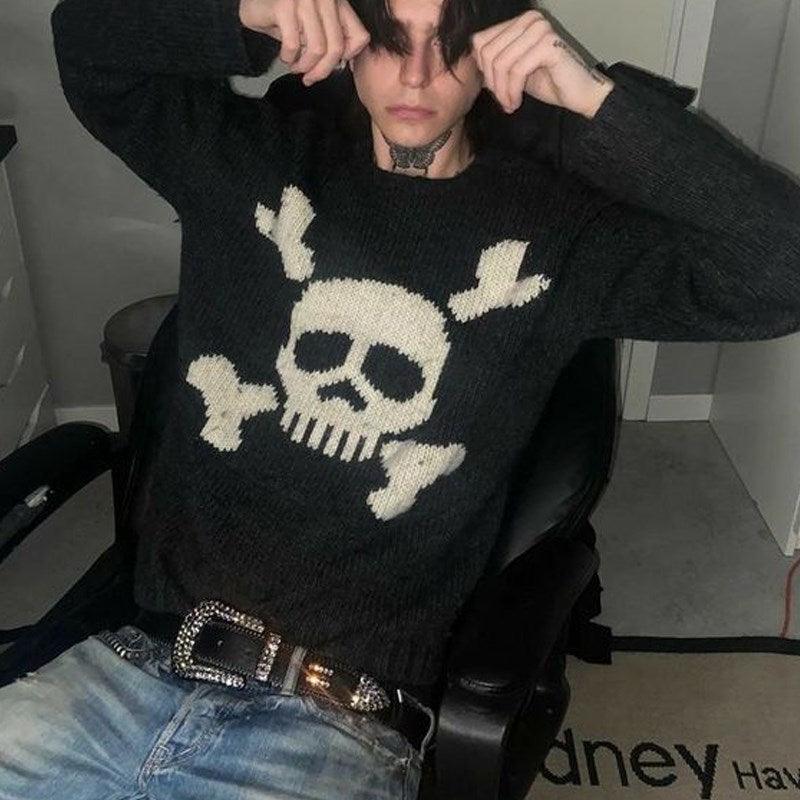 Retro Long Sleeve Loose Skull Brocade Sweater - WOMONA.COM