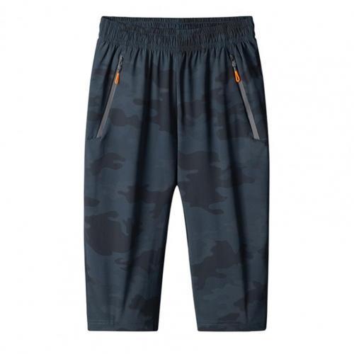 Men's dark blue camouflage cropped trousers, relaxed fit, elastic waist and drawstring front