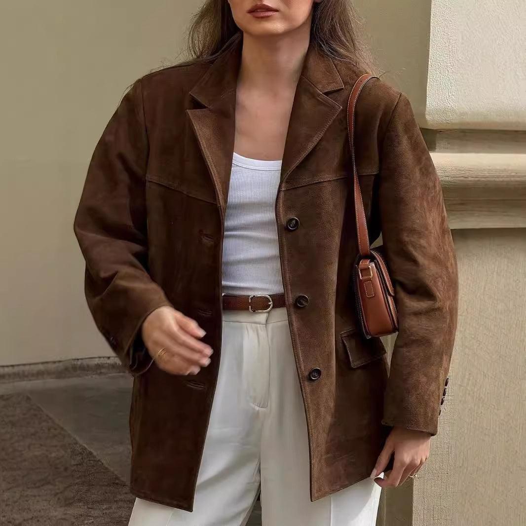 Brown faux suede suit jacket with notch lapel, button front, flap pockets, long sleeves