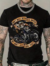 Camiseta estampada con patrón de anciano en motocicleta para hombre de gran tamaño, camiseta elástica de cuello redondo y manga corta, ropa de tendencia de moda de verano, adecuada para hombres altos y fuertes, regalo de gran venta