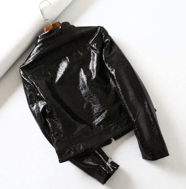 Black Bright Leather PU Short Motorcycle Leather Jacket - WOMONA.COM