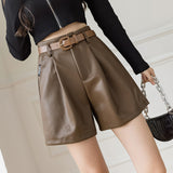 Wide Leg A-line PU Outer Wear With Belt Leather Shorts For Women - WOMONA.COM