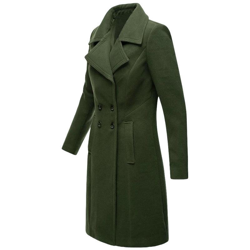 Dark green long wool women’s coat with wide lapels, double-breasted buttons, flap pockets.