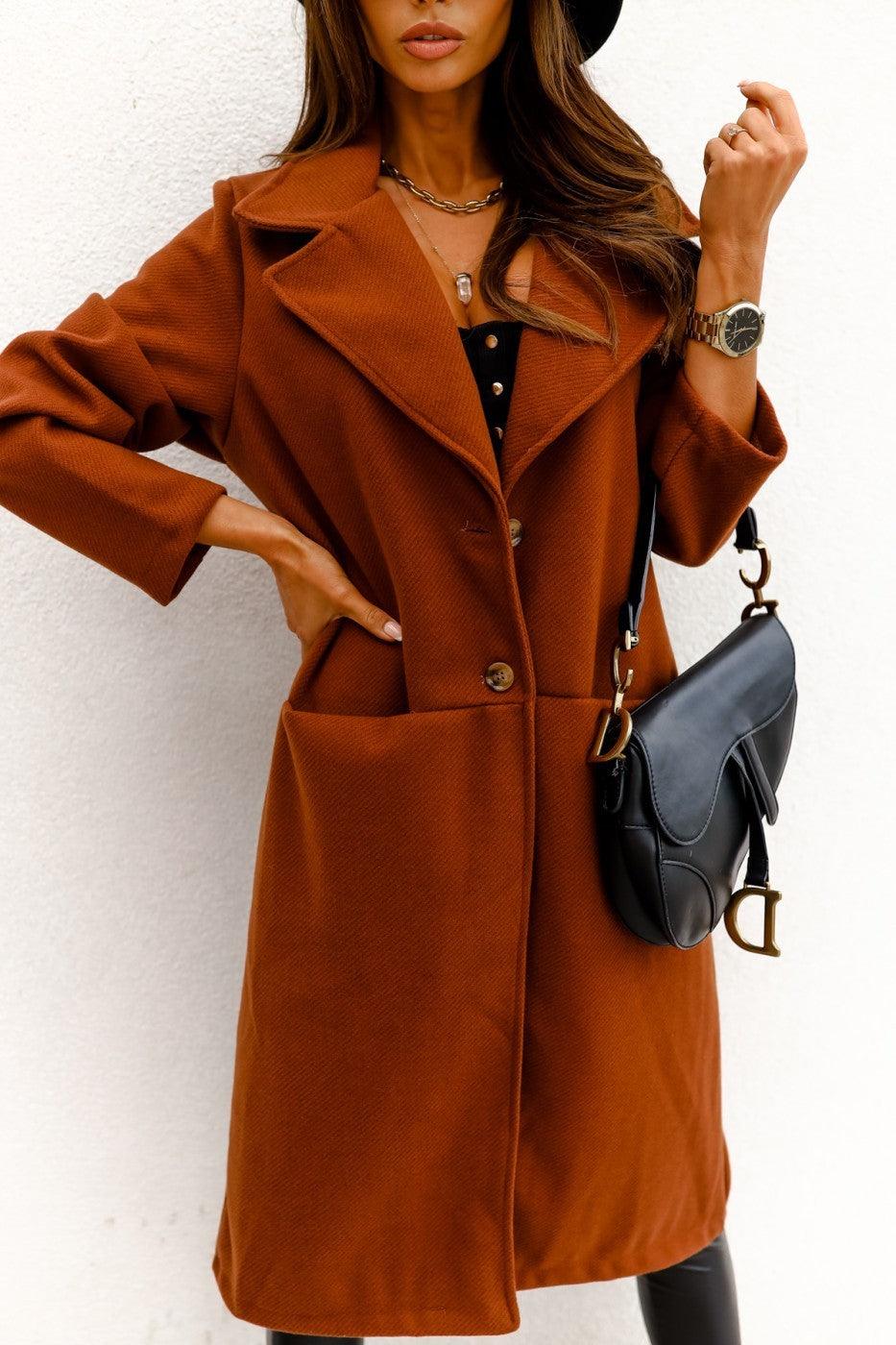 Dark brown long wool coat with notch lapels, button front, and double pockets