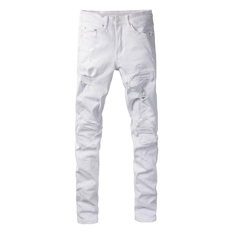 White Patch With Holes In Elastic Small Leg Jeans For Men - WOMONA.COM