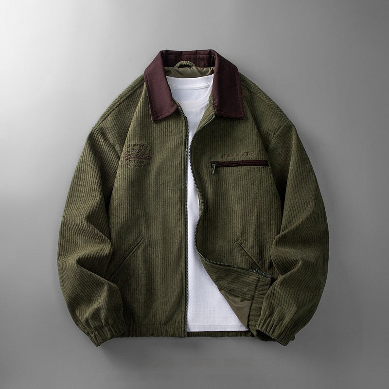 Men's Contrast-Collar Corduroy Bomber Jacket, Army Green - product view 3
