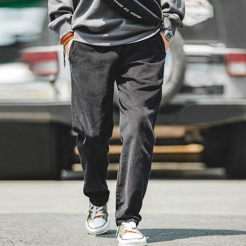 Men's wide-leg loose casual long pants in dark charcoal with elastic cuffs