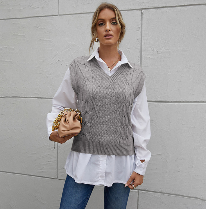 Casual Slim V-neck Pullover Sleeveless Sweater - WOMONA.COM