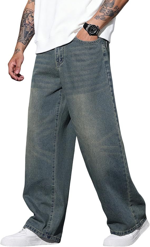 Men's straight-leg jeans in medium gray denim, relaxed fit, visible front pocket stitching