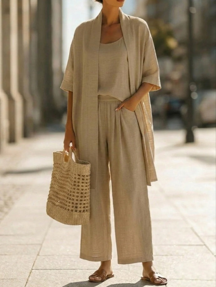 Women's cardigan tank and straight-leg pants set
