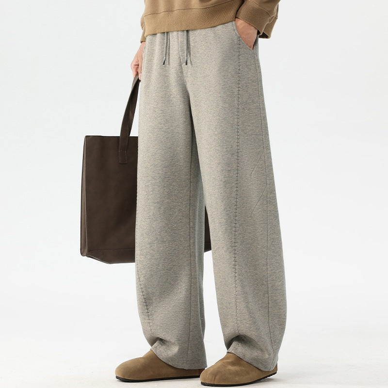 Men's loose drawstring pants, heather gray wide-leg fit with side pockets