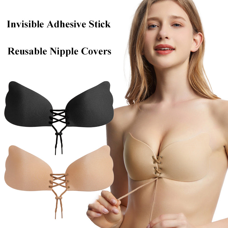 Nude strapless bra with lace-up center and molded cups, no underwire