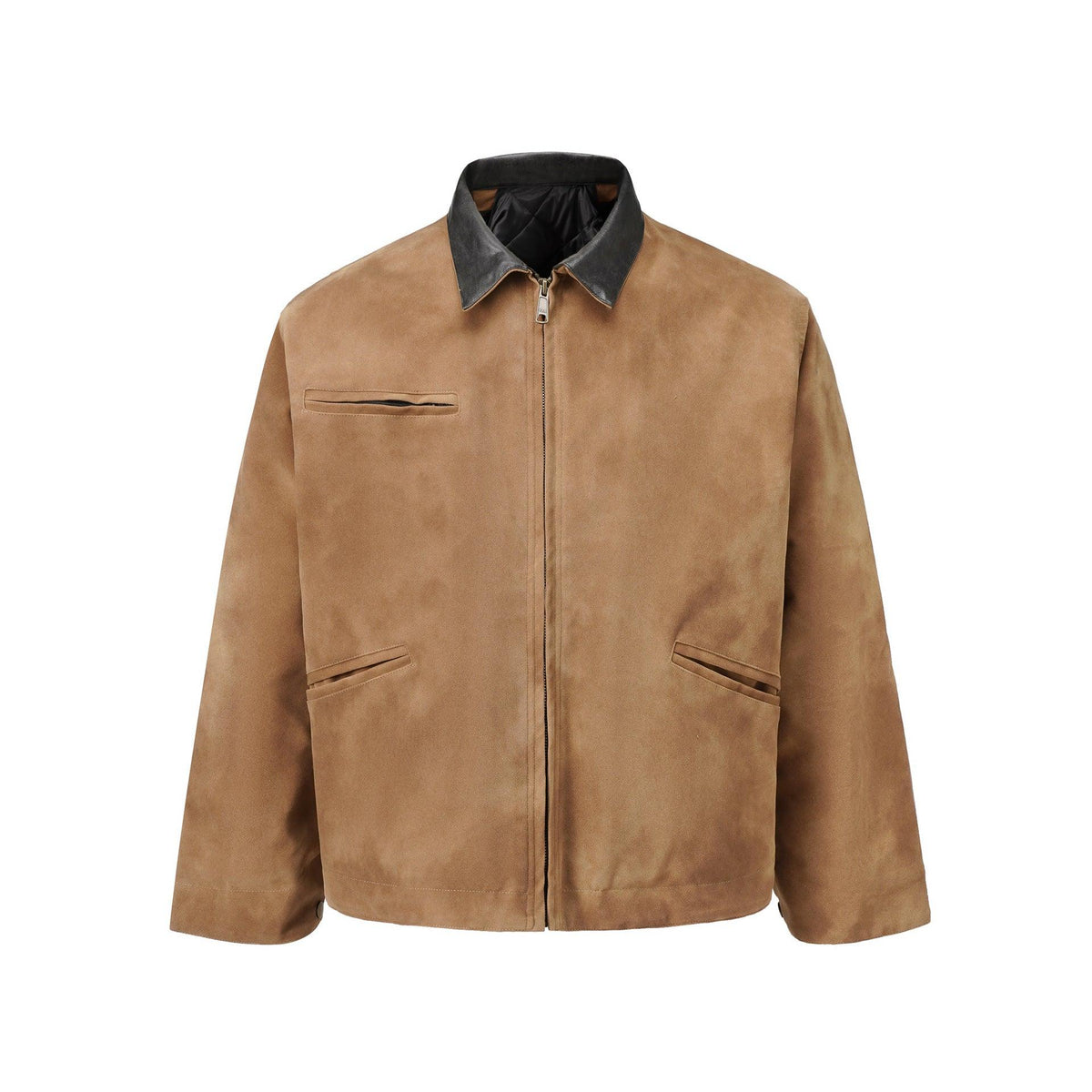 Men's camel washed zip jacket with stand collar, front zipper, chest pockets
