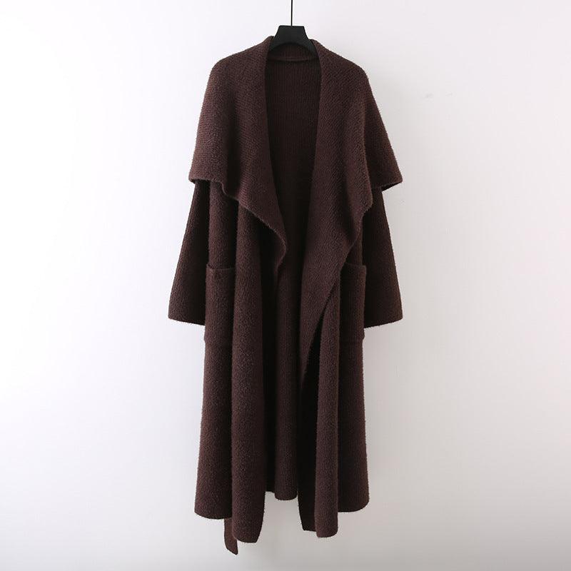 Long knitted cardigan coat, brown open front with shawl collar and side pockets