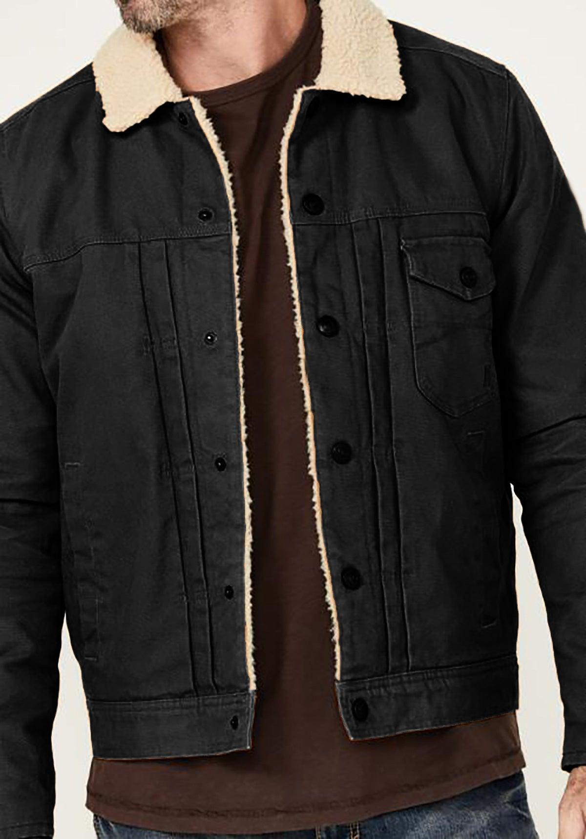 Men’s dark gray/black fleece-lined padded coat front view with sherpa collar and flap pockets
