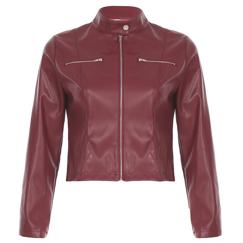 Wine red PU leather cropped zip jacket with stand collar and chest zipper pockets