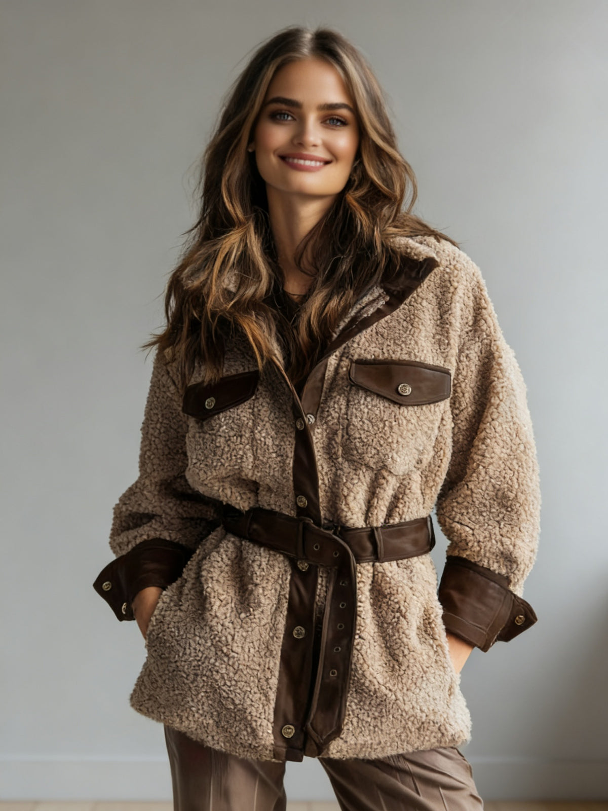 Women’s khaki teddy fleece hooded jacket with front pockets and dark belt