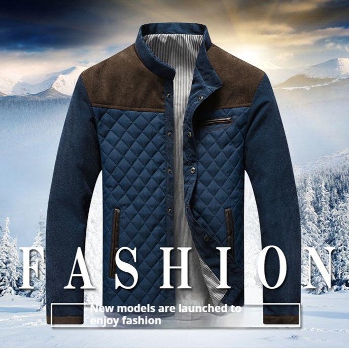 Men's quilted jacket with brown shoulder yoke and dark blue body, stand collar