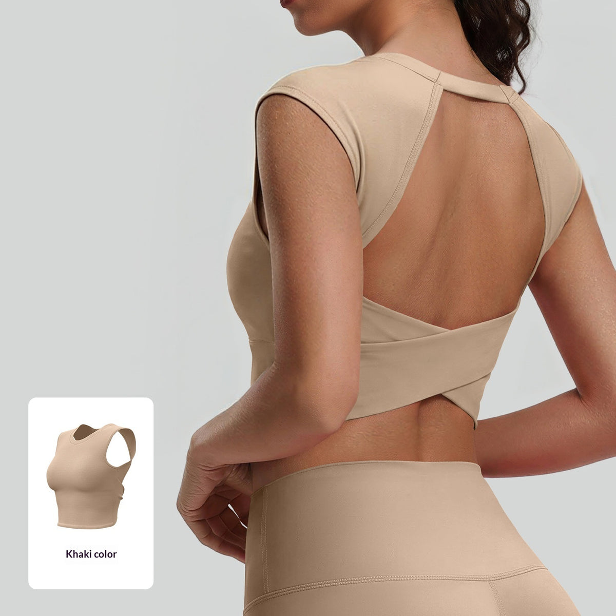 Khaki hollow-out knotted vest top with open crisscross back and detachable padded bra