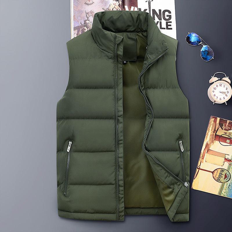 Men's puffer down vest with stand collar, front zipper, quilted padding, green