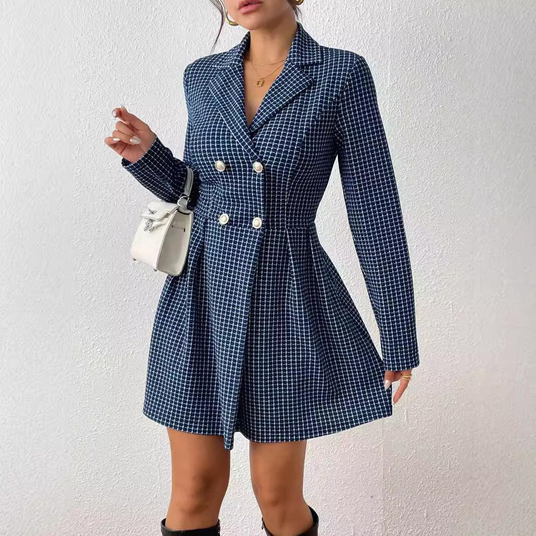 Women’s dark blue plaid long sleeve V-neck skirt coat with gathered waist and buttons