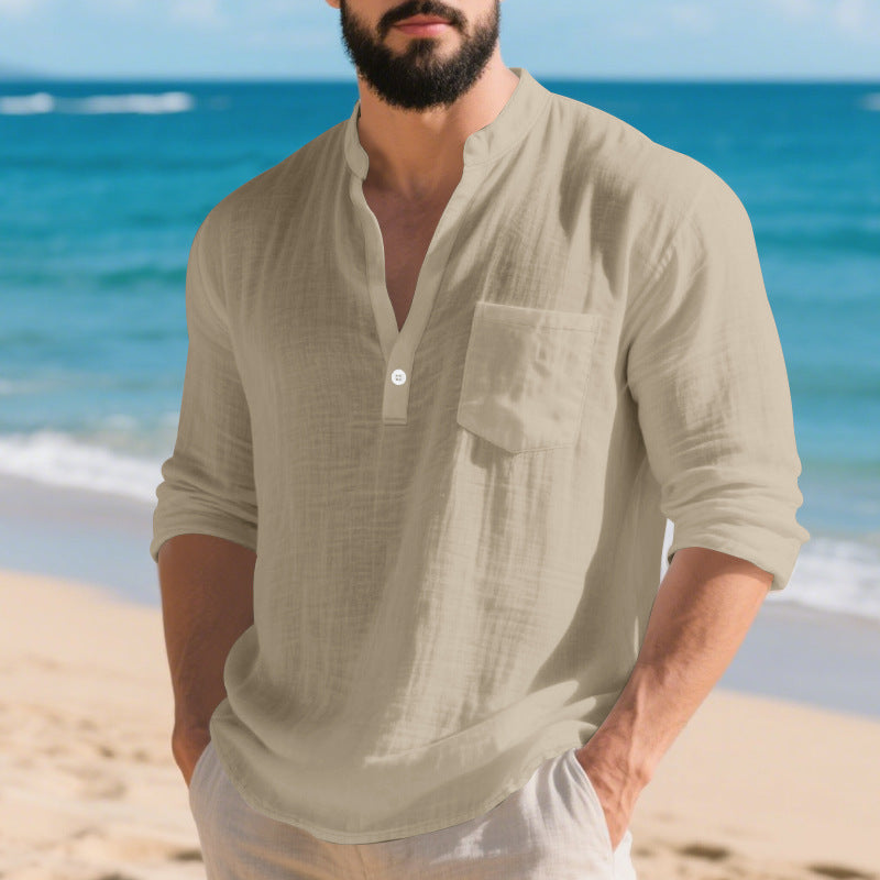 Men's light khaki linen long-sleeve henley shirt with chest pocket and 2-button placket