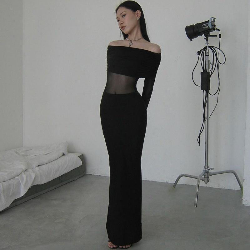 Sexy Slim-fit Off-shoulder Mesh Stitching Dress - WOMONA.COM
