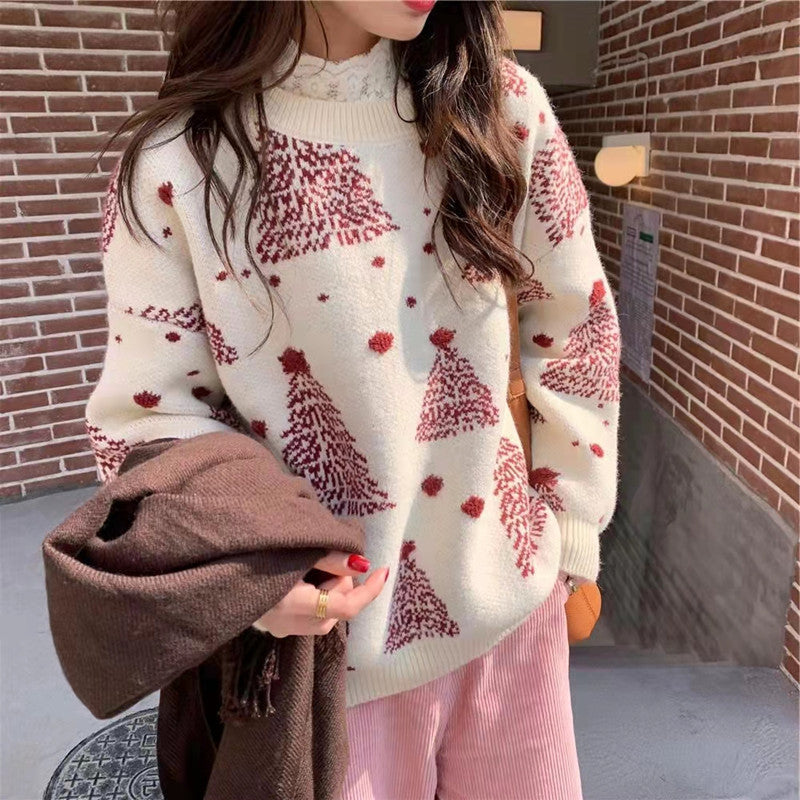 Red Christmas Tree Jacquard Warm Sweater Women - WOMONA.COM