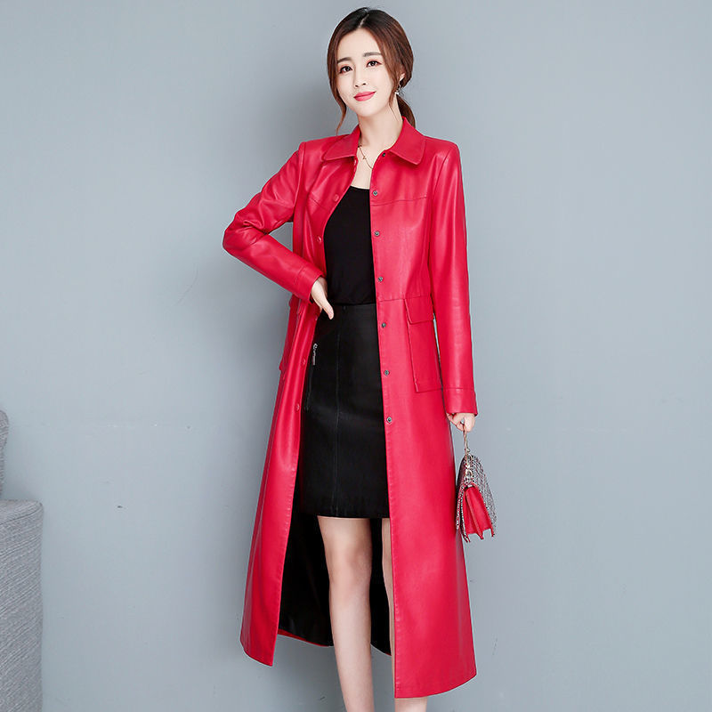 Ladies Fashion Thin Leather Trench Coat - WOMONA.COM