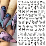 Black Butterfly Nails Stickers Decals White Flower Adhesive Manicure - WOMONA.COM