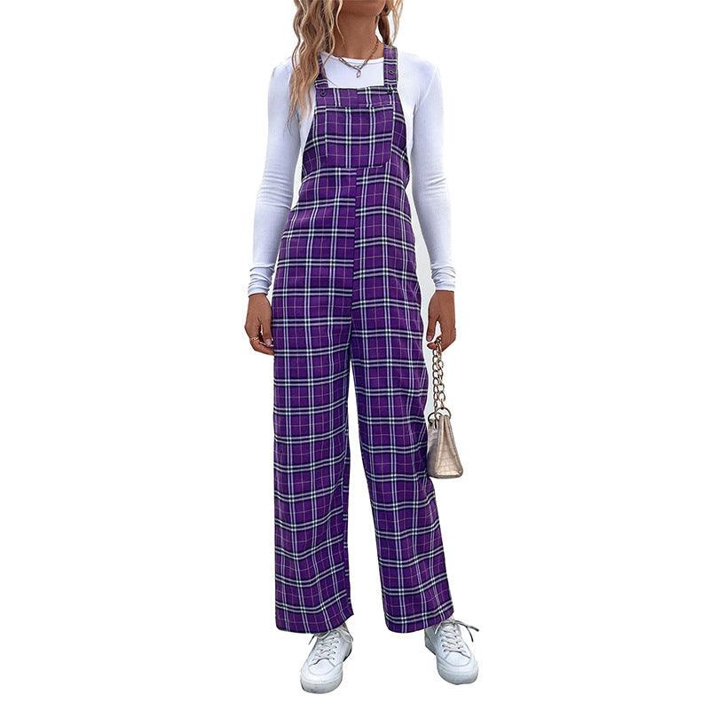 Purple plaid spaghetti-strap jumpsuit with wide-leg pants and straight neckline