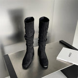 Pile Style Boots For Women Vintage Suede Chunky Heel Square Toe - WOMONA.COM