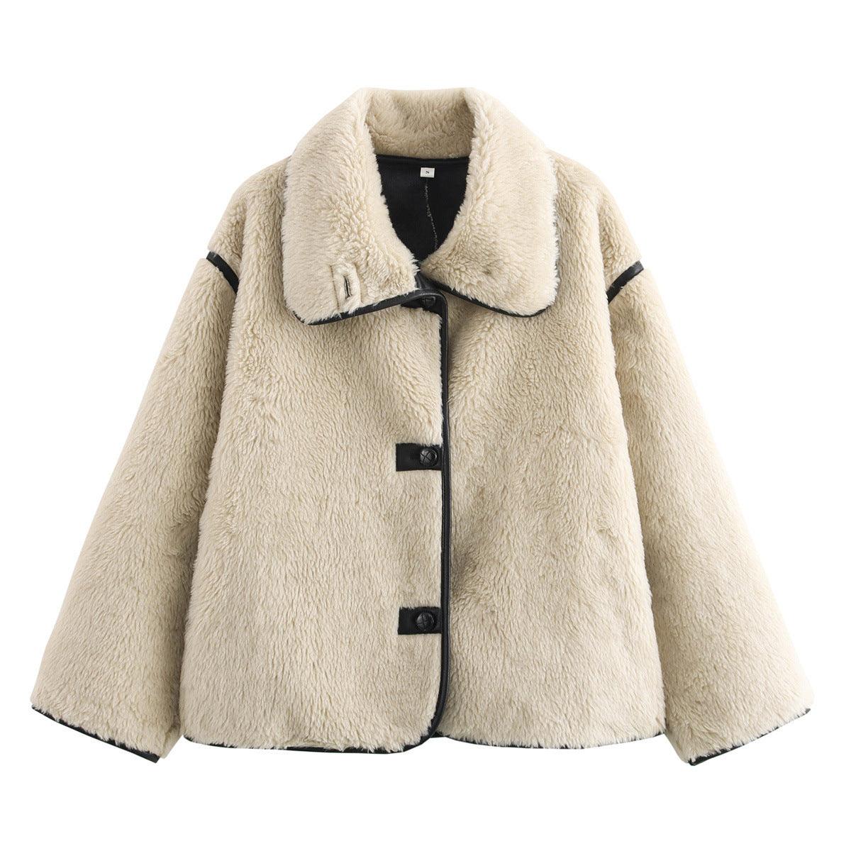 Beige plush fur coat with oversized collar, black button placket, long sleeves.