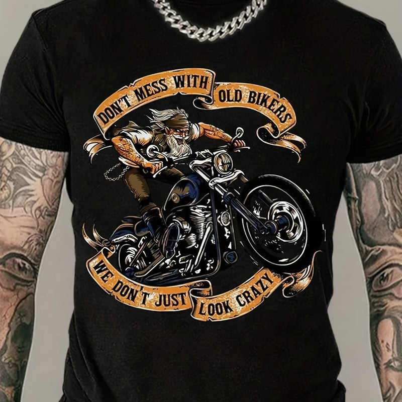 Camiseta estampada con patrón de anciano en motocicleta para hombre de gran tamaño, camiseta elástica de cuello redondo y manga corta, ropa de tendencia de moda de verano, adecuada para hombres altos y fuertes, regalo de gran venta