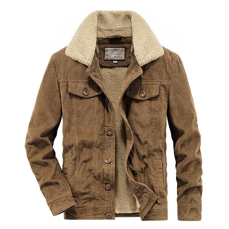 Men's corduroy coat in tan-brown with sherpa collar, button front, and two flap chest pockets