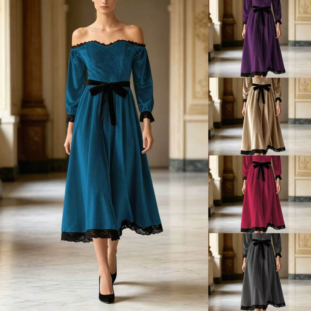 Women's off-shoulder velvet midi dress with lace trim and bow